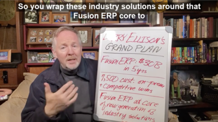 Screengrab from Cloud Wars Minute episode on Larry Ellison's plan for Oracle cloud ERP