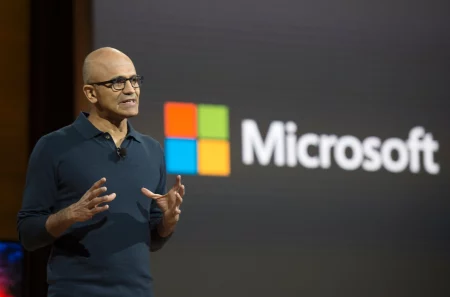 Microsoft CEO Satya Nadella speaking at news conference in New York 2016