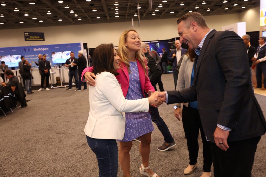 Cloud Wars Expo 2022 Innovation Stage and Innovation Path: From left: Wisy CEO and Founder Min Chen, Specright SVP Marketing & Investor Relations Laura Foti, Dynamic Communities CEO and Acceleration Economy Co-Founder John Siefert.