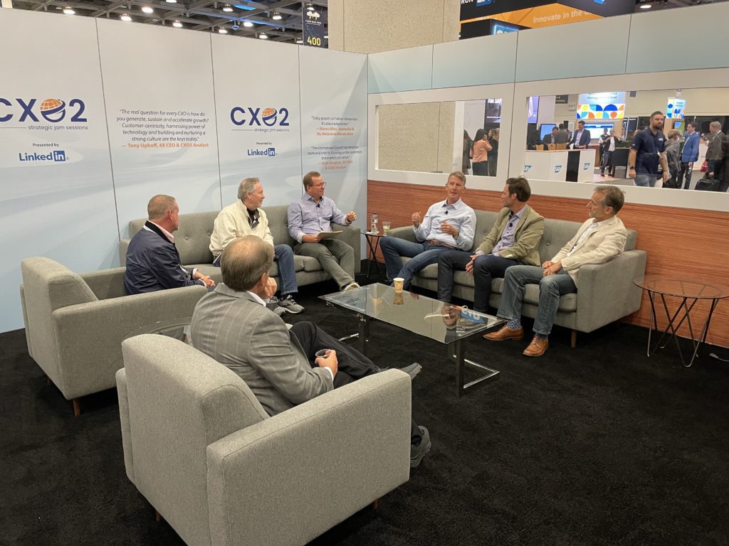Bob Evans, Scott Vaughan, Tony Uphoff, and Mike Dudgeon at the LinkedIn CXO2 Lounge at Cloud Wars Expo at Moscone West Convention Center in San Francisco, California, on Wednesday, June 29, 2022. (Photo by Don Feria)