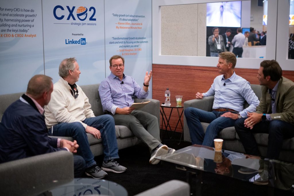 From right: Bob Evans, Scott Vaughan, Tony Uphoff, and Mike Dudgeon in the Cloud Wars Expo CXO2 Lounge, powered by LinkedIn.