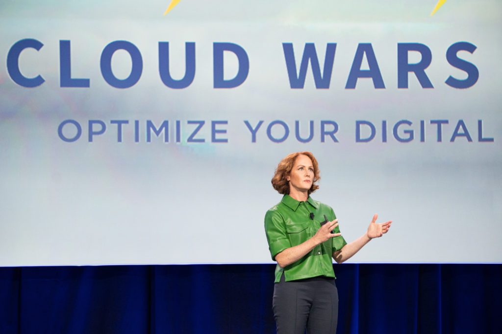 SAP Chief Marketing and Solutions Officer Julia White emphasized the benefits to customers of leveraging cloud and AI technology during Cloud Wars Expo at Moscone West Convention Center in San Francisco, California, on Tuesday, June 28, 2022. (Photo by Don Feria)