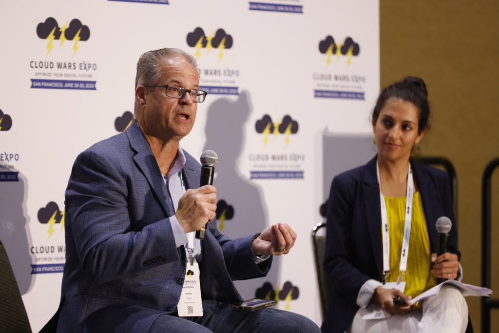 Joe Miles (left) addresses how Google Cloud is catering its products to the healthcare industry in an Industry Cloud Battleground session.