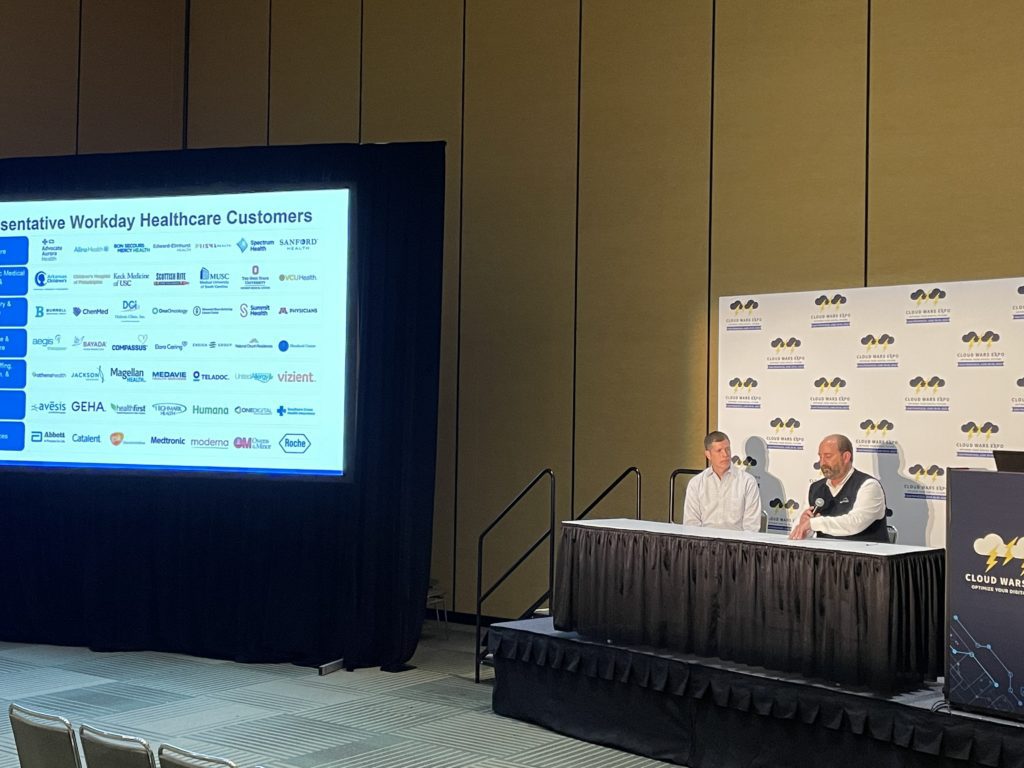 Workday CTO Joe Wilson (left) and Senior Director of Healthcare Industry Strategy Keith Lohkamp (right) discuss Workday's healthcare cloud at an Industry Cloud Battleground session.