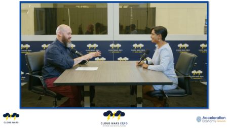 LinkedIn Director of Product Development Sudha Ranganathan (right) and Aaron Back (left) discuss recruiting strategies.