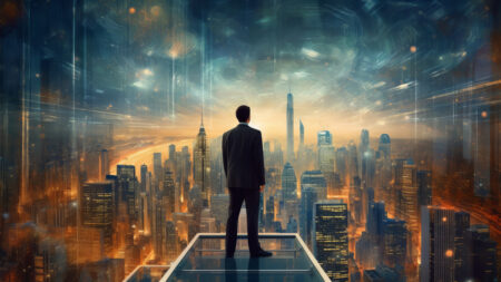 Illustration of a man standing on a platform overlooking a large city